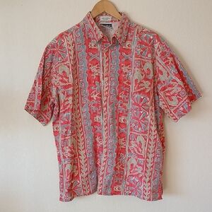 Vintage Surf Gear Hawaiian Tribal Print Button Up Short Sleeve Shirt